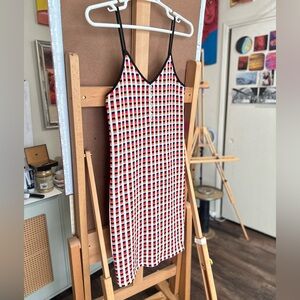 Zara Checker Spaghetti Straps Red White Black Orange Knit Midi Dress size S
